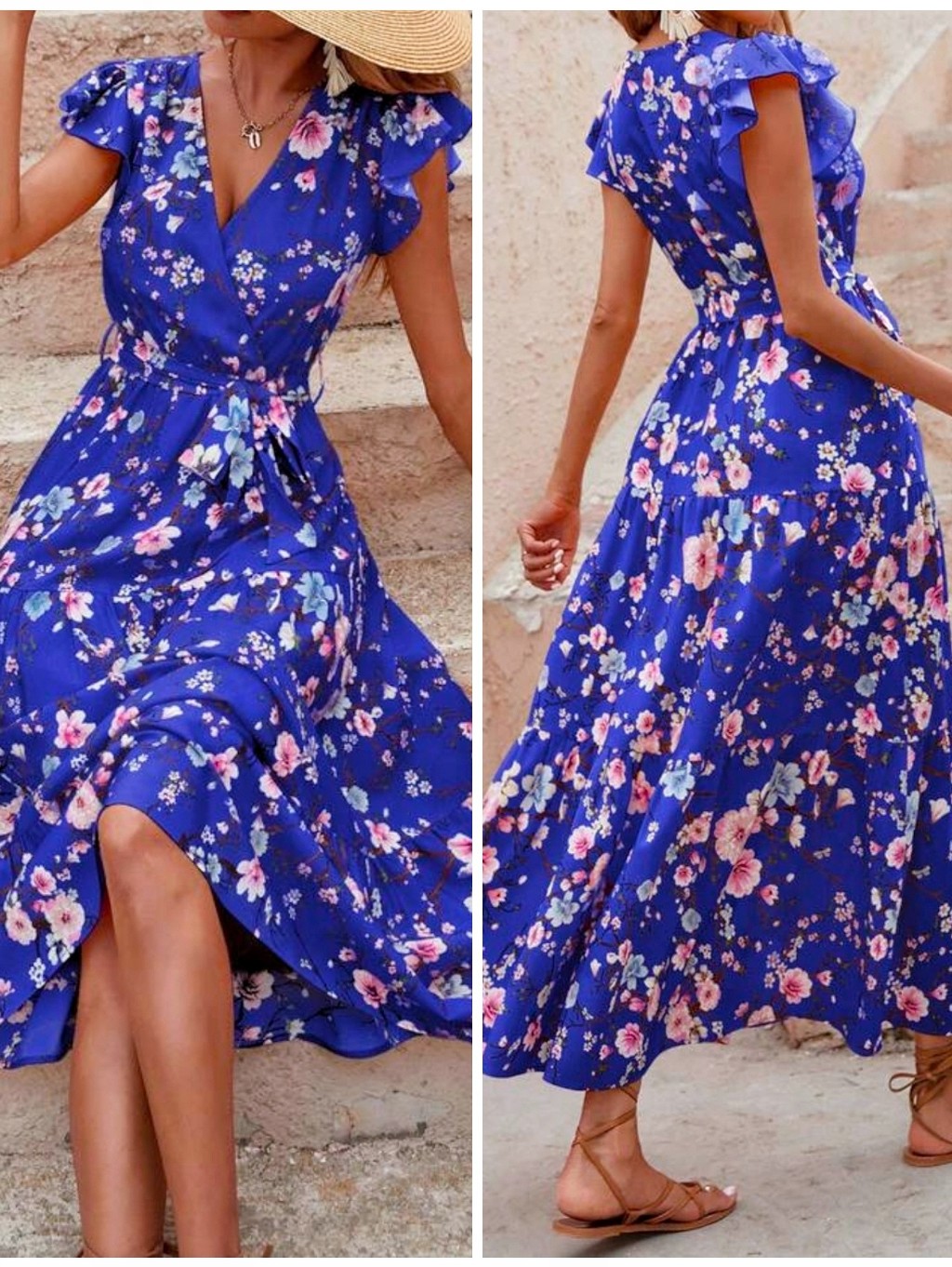 New Boho Floral Wrap Top Tiered Long Dress Royal Blue Pink White